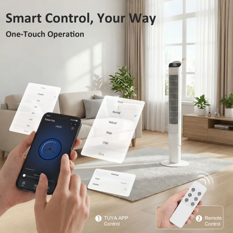 HOMCOM Tower Fan with WiFi App Control Standing Floor Cooling Fan Remote Control 101.8 cm White