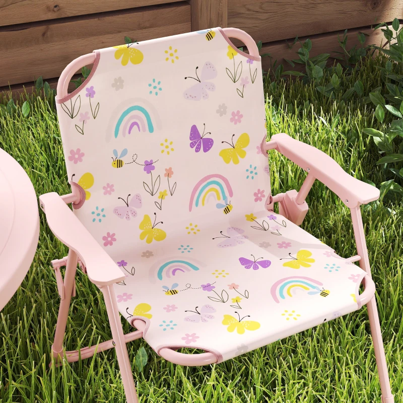 AIYAPLAY Ensemble salon de jardin extérieur enfant 4 pièces, motif arc-en-ciel et fleur, parasol réglable Ø 100cm, chaise pliable