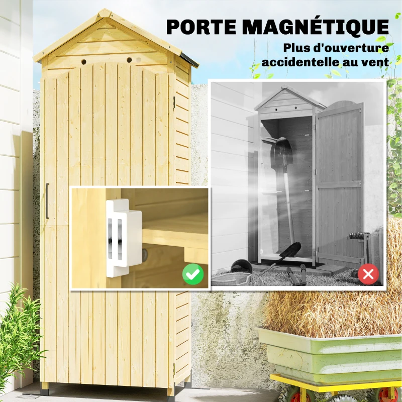 Outsunny Armoire de Jardin en Bois Toit Acier Galvanisé Texture Gaufrée Étagères Réglables 85x58x213cm Bois Naturel