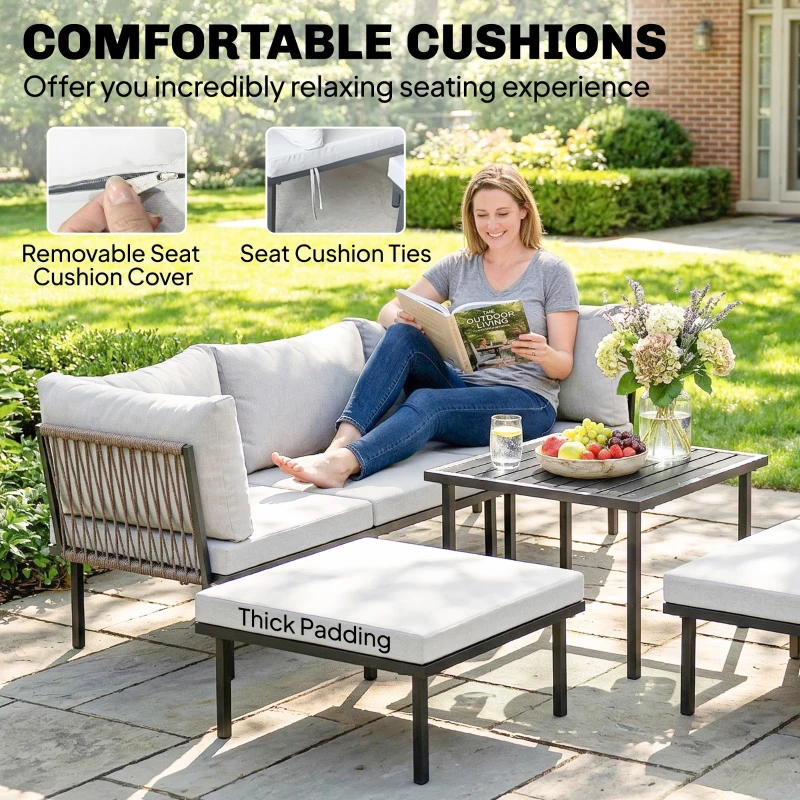 Outsunny Zestaw Mebli Ogrodowych 5-6 Osób Sofa Dwuosobowa, Krzesła, Narożnik, Stolik, Podnóżek