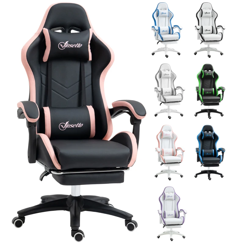Vinsetto Silla Gaming Silla Gamer de Cuero PU Reclinable 135° Reposacabezas y Reposapiés 65x65x121-129 cm Negro y Rosa