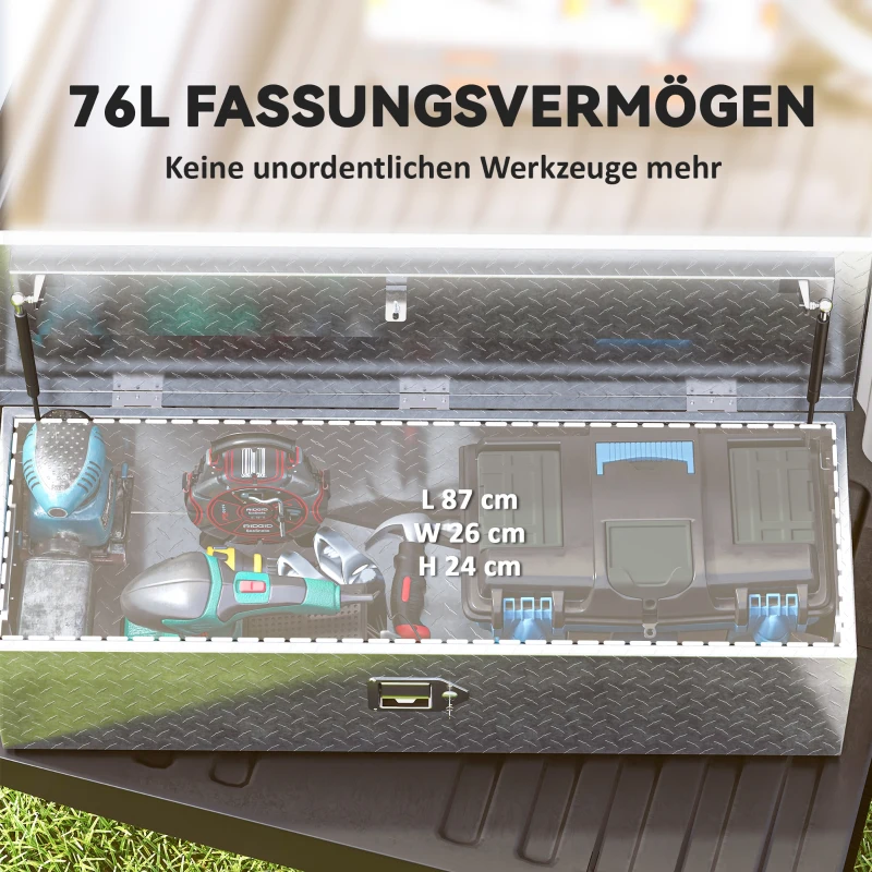HOMCOM Stabile Aufbewahrungskiste aus Aluminium mit Seitengriffen, Schloss und Schlüsseln, Werkzeugkasten, 99 x 33 x 25,5 cm