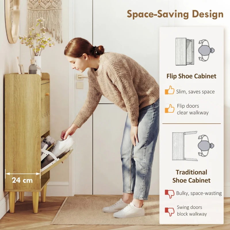 HOMCOM Narrow Shoe Cabinet, Modern Shoe Storage Cabinet with 2 Flip Drawers, Oak