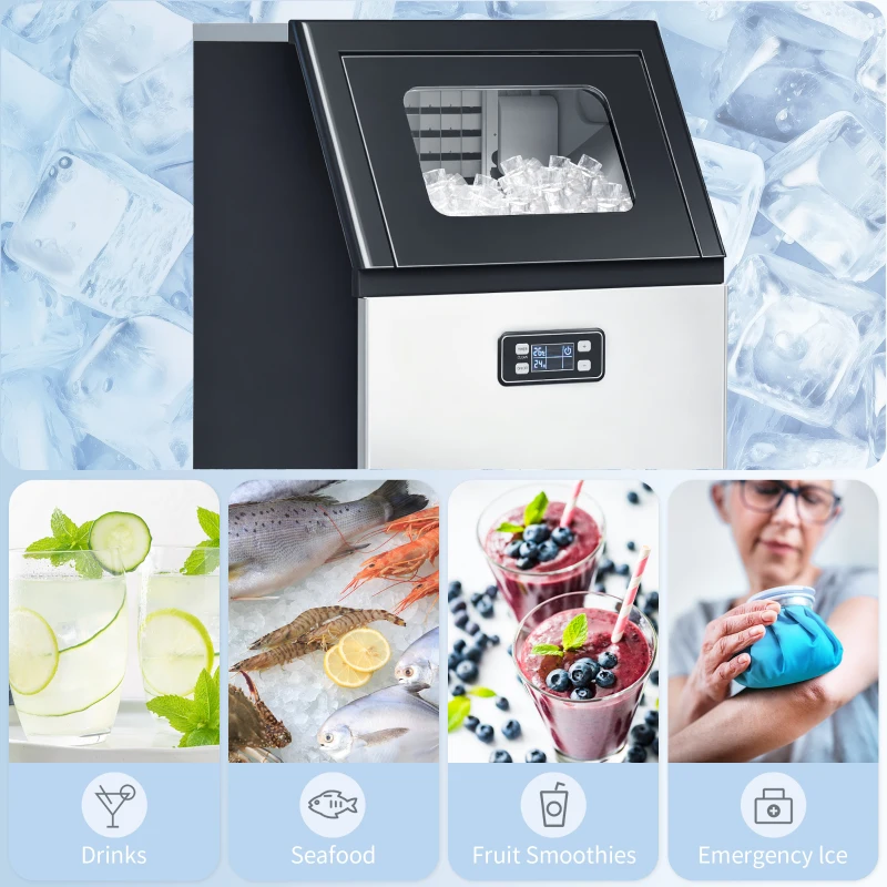 HOMCOM Commercial Ice Maker Machine, Freestanding Stainless Steel Ice Machine with Self-Cleaning, LCD Display, 45kg/24 Hours and 11kg Ice Storage for Home, Office, Bar, Restaurant, Supermarkets
