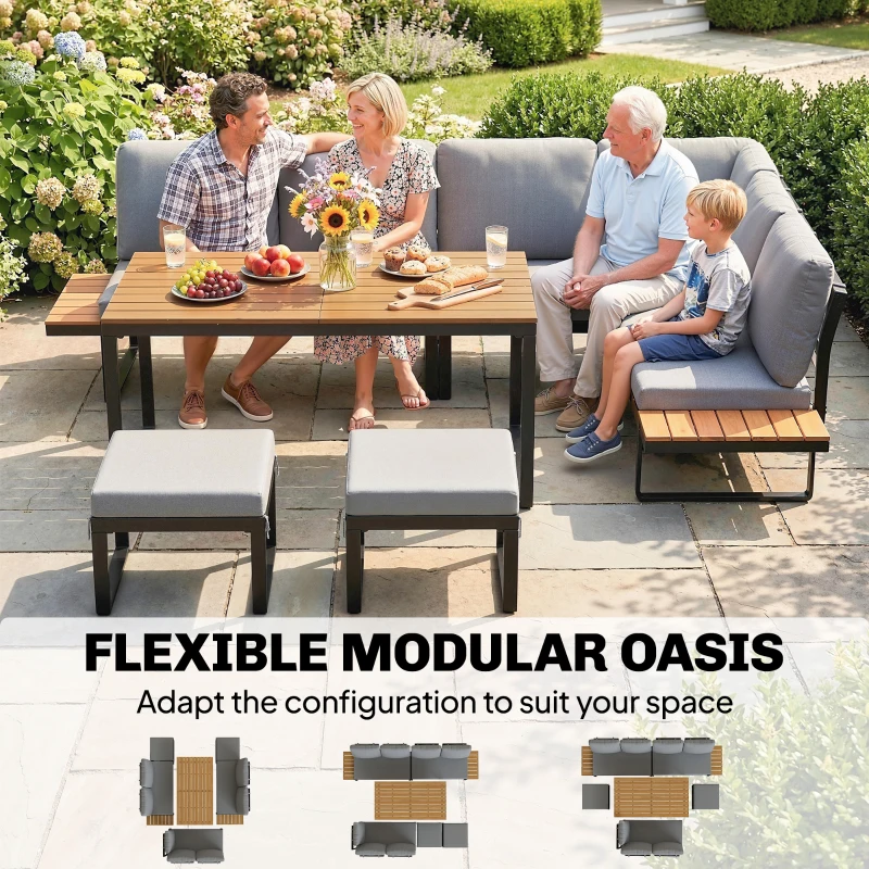 Outsunny Patio Furniture Set Modular Garden Sofa Set 6 Pieces with Dining Table for Outdoor Patio Grey