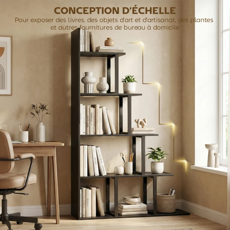 HOMCOM Étagère bibliothèque séparateur de pièce style industriel en escalier 5 étagères 102 x 30 x 160 cm coloris noir