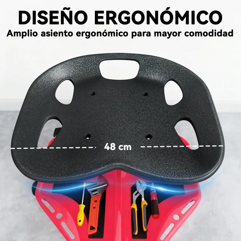HOMCOM Taburete de Taller Móvil con Bandeja Magnética Ruedas Altura Ajustable de 52–59,5 cm Carga 135 kg para Garaje Rojo