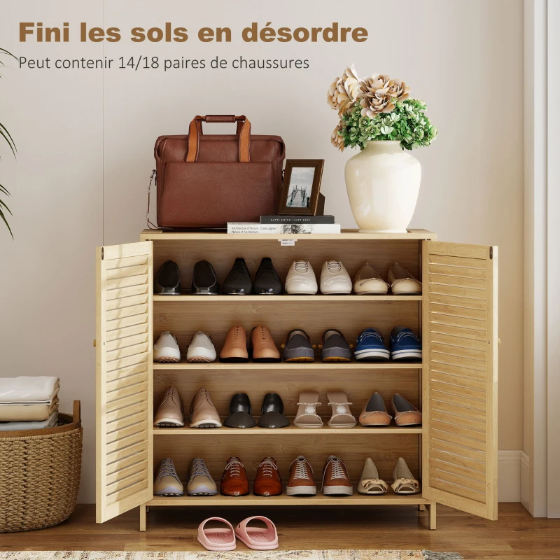 HOMCOM Meuble à chaussures en bambou 14 paires, armoire à chaussures avec portes persiennes et étagères réglables, bois naturel