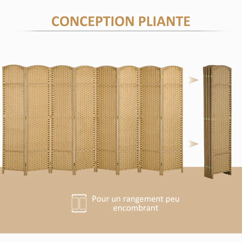 HOMCOM Paravent interieur en bois 8 panneaux 320 x 170 cm séparateur de pièce pliable pour salon, chambre à coucher, naturel