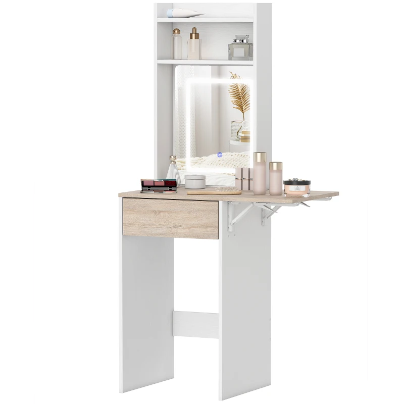 HOMCOM Small Vanity Desk with Mirror and LED Lights, Compact Dressing Table with Drop Leaf, Open Shelves and Drawer, White