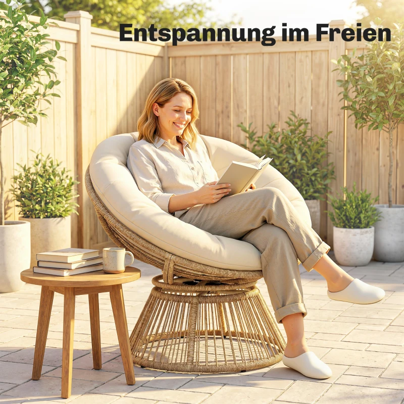 Outsunny Papasansessel 360° drehbar Korbsessel mit Kissen Stahlrahmen runder Rattansessel Loungesessel Cremeweiß