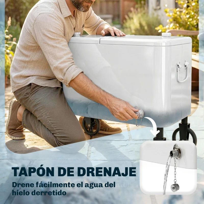 Outsunny Carrito Nevera de 56L con Ruedas Mango Ajustable Abrebotellas Recogetapas Drenaje y Asa 75x35x120 cm Blanco