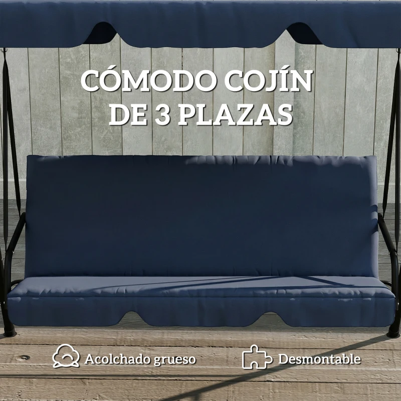 Outsunny Balancín de Jardín Exterior Columpio de 3 Plazas con Toldo Ajustable y Marco de Acero 172x118x153 cm Azul Marino