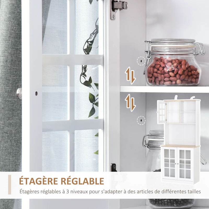 HOMCOM Buffet cuisine, meuble cuisine rangement haut, meuble de rangement avec plan de travail, 3 portes vitrées, 2 niches et étagères réglables, 80 x 37 x 183 cm, blanc chêne