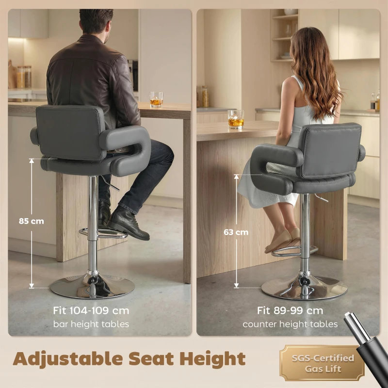 HOMCOM Bar Stools Adjustable Swivel Kitchen Chairs with Backrest Armrest Set of 2 PU Leather Grey