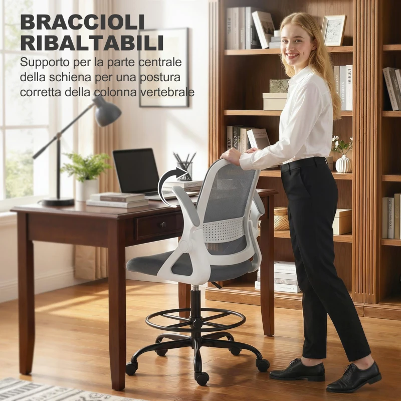 HOMCOM Sedia da disegno in rete con braccioli ribaltabili e poggiapiedi, Grigio