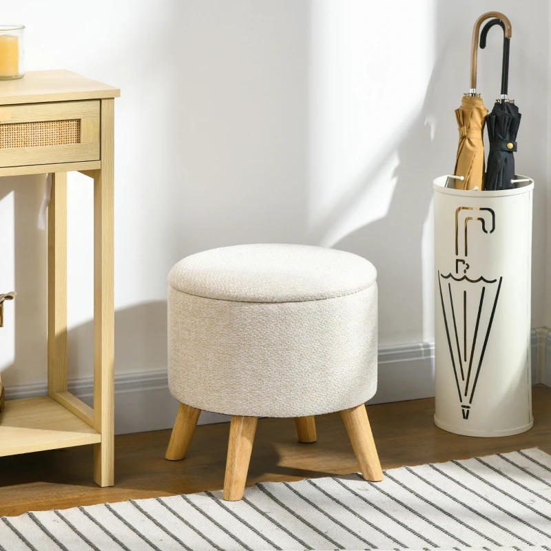 HOMCOM Pouf rond repose-pieds tabouret avec coffre de rangement pieds en bois design moderne crème