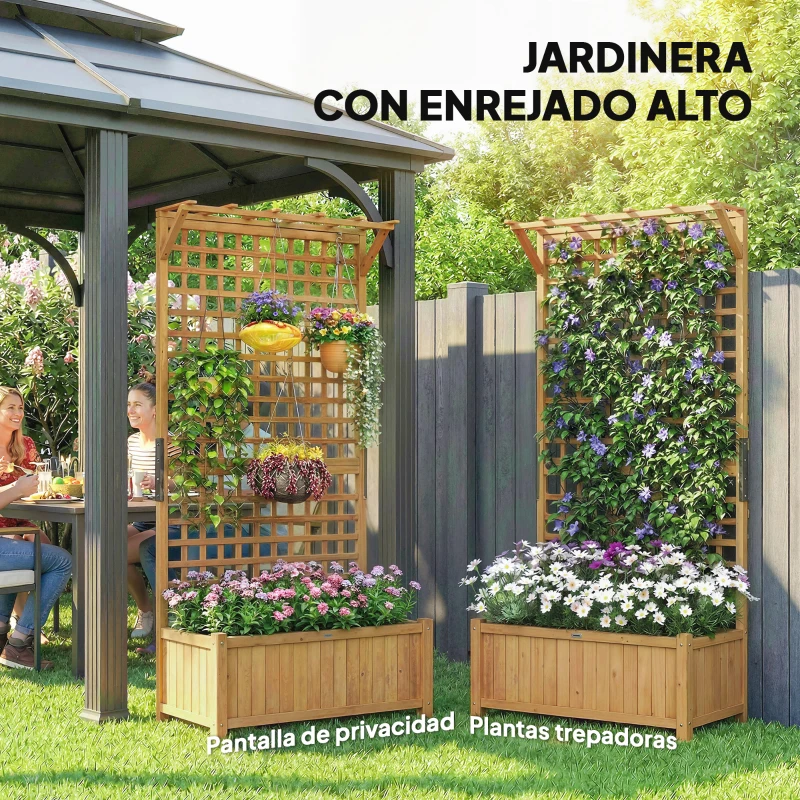 Outsunny Jardinera con Celosía de Madera para Enredaderas Cultivo de Plantas para Patio Terraza 90x45x183 cm Natural
