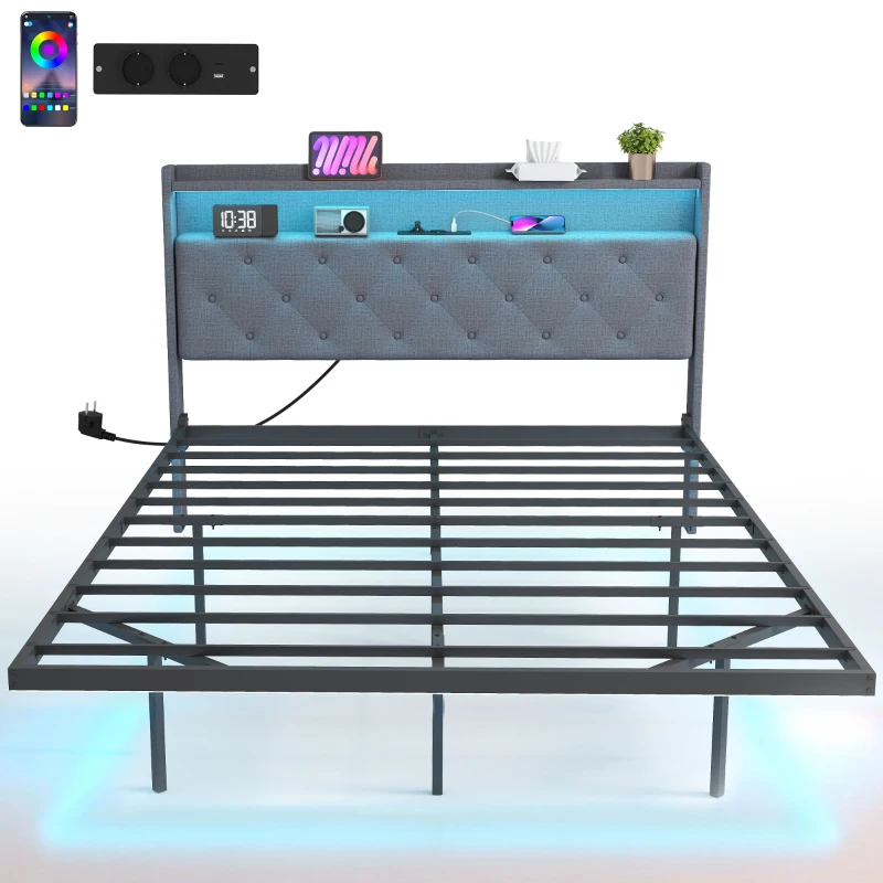HOMCOM Cadre de lit 140 x 190 cm avec sommier acier, lit 2 personnes flottant avec lumières LED RGB et station de charge, gris