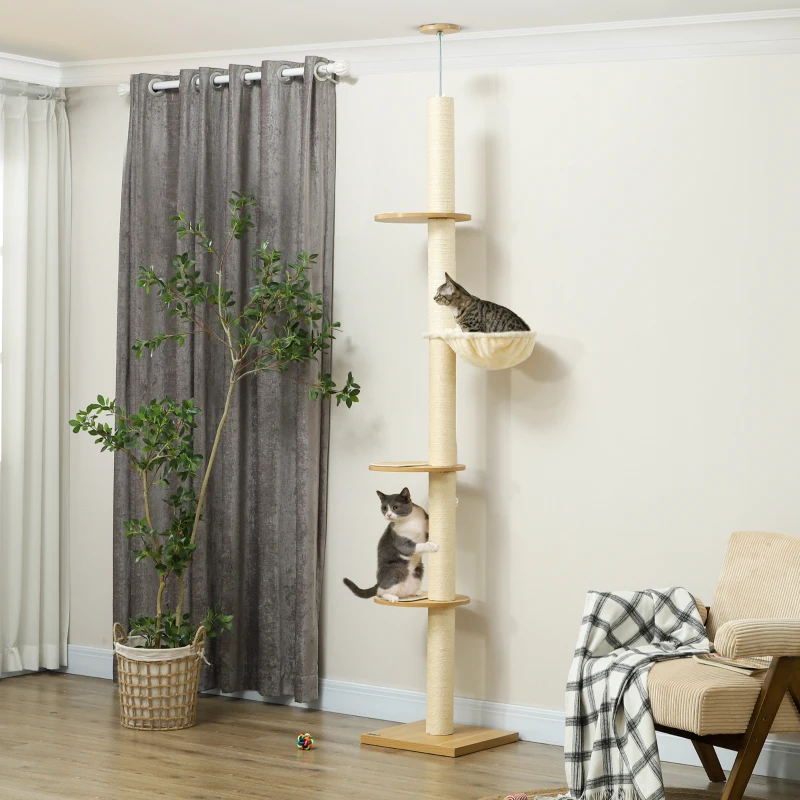 PawHut Tiragraffi a soffitto con protezione anti-ribaltamento, palo in corda di sisal e pannello truciolare, 40x40x250 cm, Crema e bianco