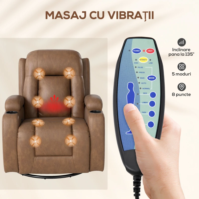 HOMCOM Fotoliu Relax Rabatabil cu Funcție de Masaj și Încălzire din Piele Ecologică cu 8 Puncte de Masaj, Maro