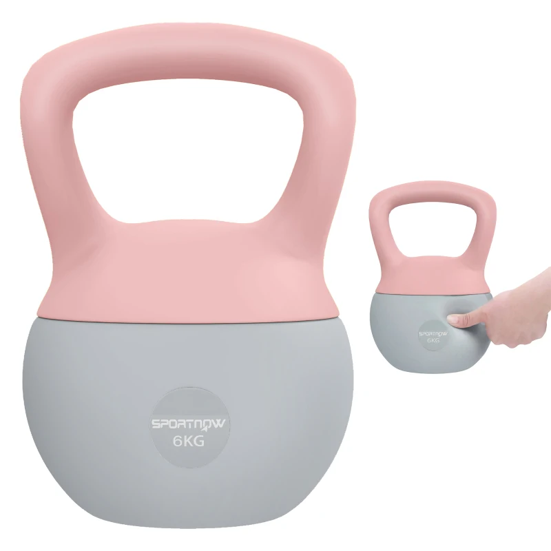 SPORTNOW Pesa Rusa 6 kg Kettlebell Relleno de Arena Metálica y Mango Antideslizante para Entrenamiento en Casa 19x19x28 cm Rosa