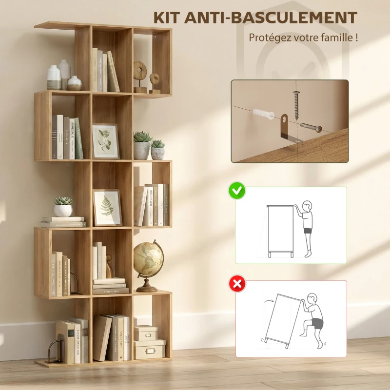 HOMCOM Bibliothèque à 5 niveaux, étagère de rangement en forme S avec 15 compartiments ouverts, 80 x 24 x 200 cm, chêne