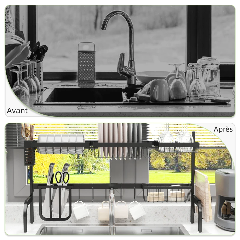 HOMCOM Égouttoir à vaisselle au-dessus de l'évier séchoir à vaisselle 2 niveaux, modulables en acier, 93 x 30 x 52 cm, noir