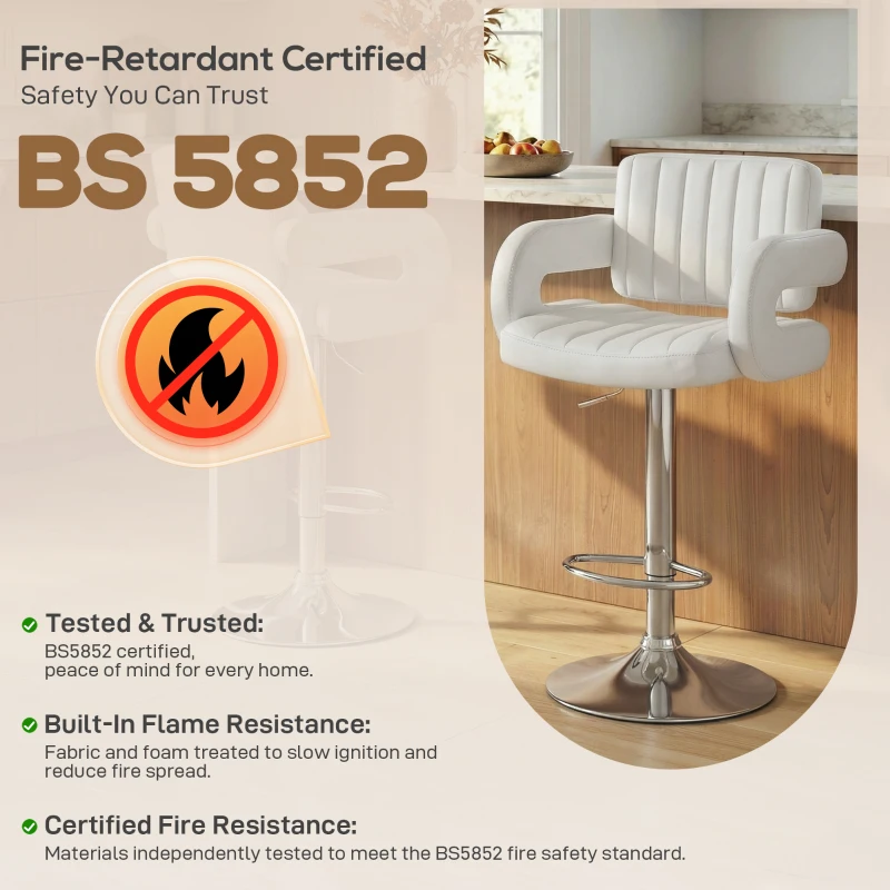 HOMCOM Bar Stools Adjustable Swivel Kitchen Chairs with Backrest Armrest Set of 2 PU Leather White