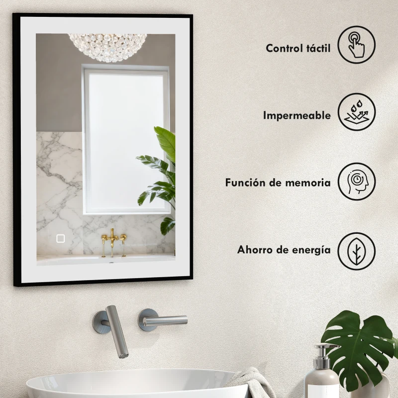 HOMCOM Espejo de Baño con Luz LED 70x50 cm con Iluminación Ajustable Función Antivaho Función de Memoria Negro