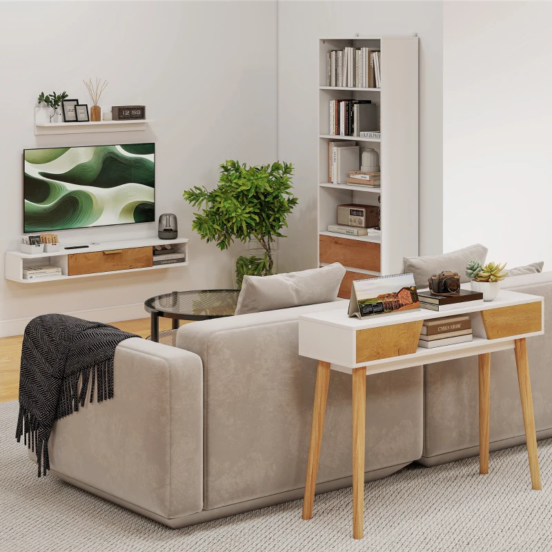 HOMCOM Estantería Bicolor con 4 Estantes Abiertos y 2 Cajones de Melamina con Patas de Pino 60x30x179cm Blanco y Madera Natural