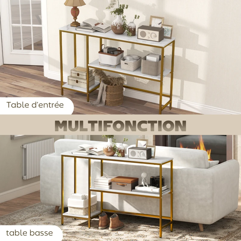 HOMCOM Console meuble 120 cm, table console 3 niveaux avec étagères de rangement, plateaux imitation marbre, blanc et doré