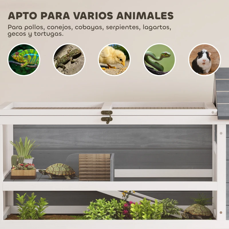 PawHut Casa para Tortugas de Madera con Soporte para Lámpara Ajustable Techos Abatibles Bandeja Extraíble y Estante Inferior