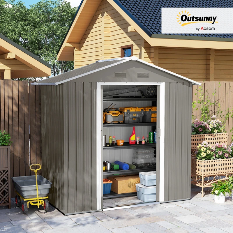 Outsunny Outdoor Garden Shed Storage, Backyard Steel Utility Tool Shed, Lawn Garage Building Organizer w/Sliding Door, Gable Roof, 1.94x1.1x1.84m, 4 Vents-Gray