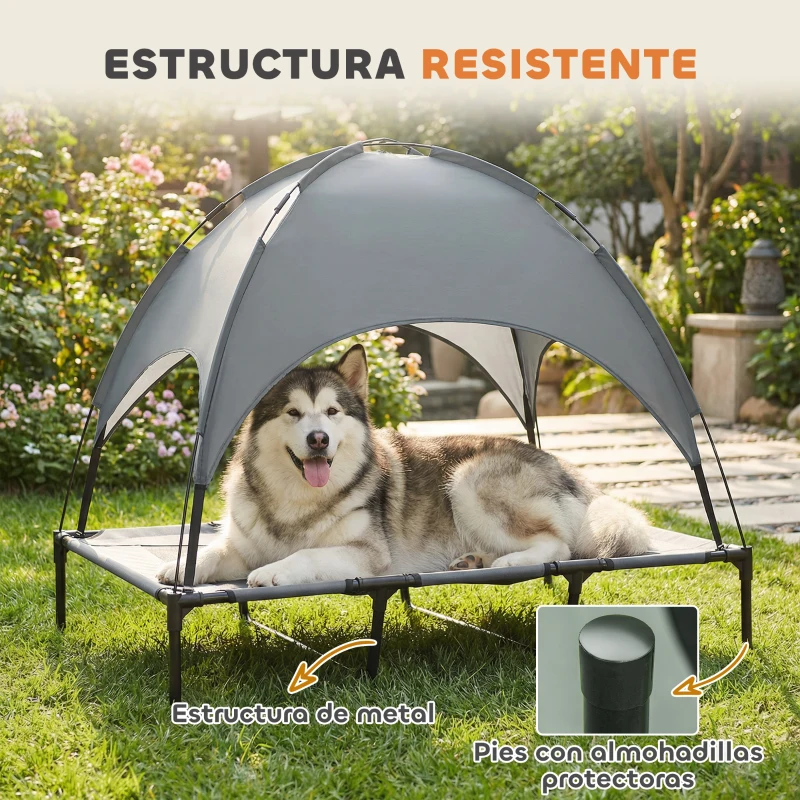PawHut Cama Elevada para Mascotas Portátil con Toldo Extraíble Tela Transpirable al Aire Libre para Interior y Exterior 122x92x108 cm Gris