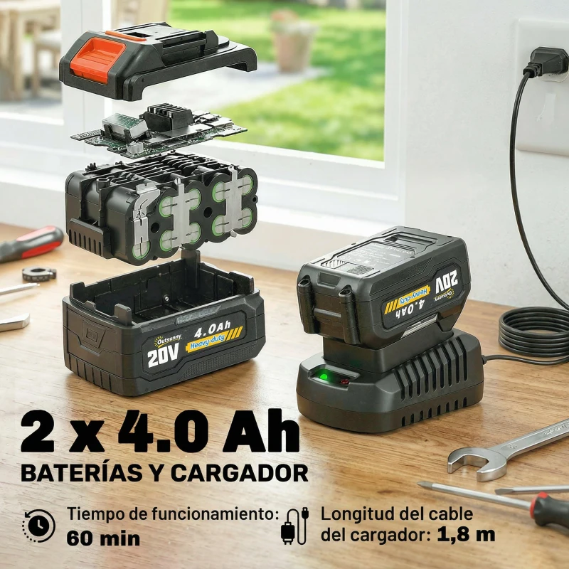 Outsunny Motosierra Eléctrica Extensible 1,94-2,56 m con 2 baterías 4,0 Ah Cargador Doble Bloqueo Lubricación Automática