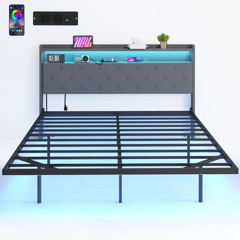 HOMCOM Cadre de lit 160 x 200 cm avec sommier acier, lit 2 personnes flottant avec lumières LED RGB et station de charge, gris