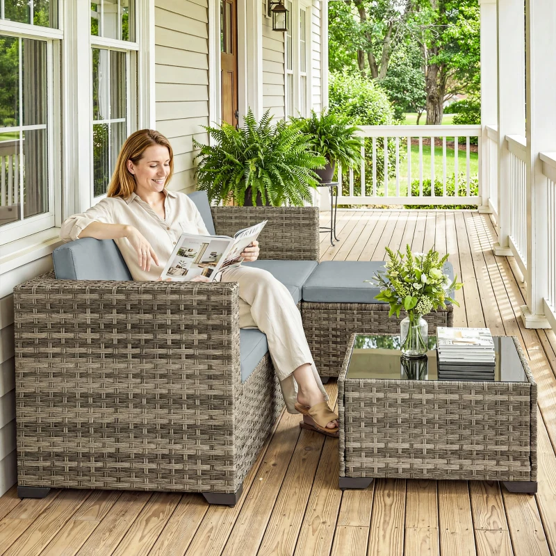 Outsunny Conjunto de Jardín Exterior de Ratán 5 Piezas con Cojines 2 Sillones de Esquina Sillón sin Brazos Reposapiés y Mesa