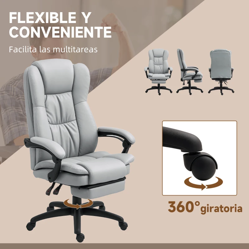 Vinsetto Silla de Oficina con 6 Puntos de Masaje Vibratorio con Altura Ajustable Respaldo Reclinable y Reposapiés Retráctil Gris