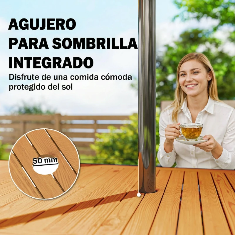 Outsunny Mesa de Jardín Extensible 100/150x70 cm de Madera y Metal con Agujero para Sombrilla para 4-6 Personas Teca