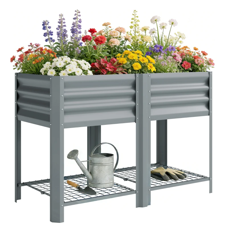 Outsunny Raised Garden Bed with Storage Shelf Steel Elevated Planter Box with Legs for Outdoor Vegetables Flowers