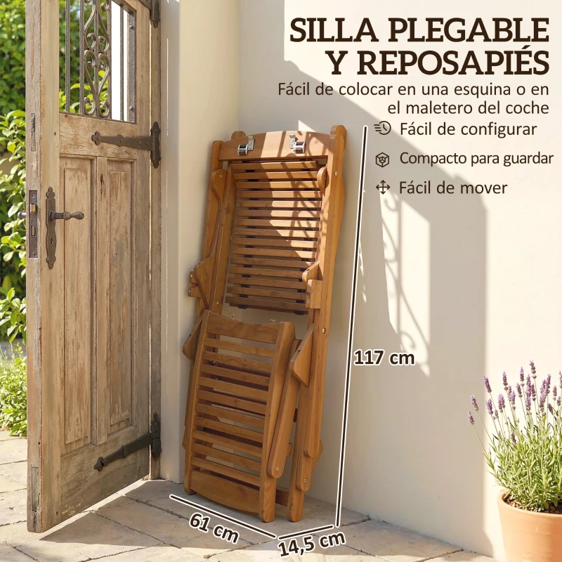 Outsunny Tumbona Silla Plegable de Madera con Reposapiés Desmontable y Cojín con Reposacabezas Carga 160 kg 158x61x70 cm Beige