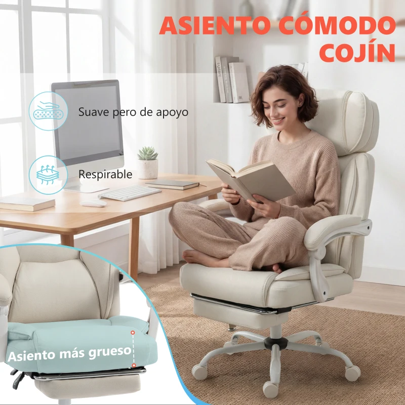 HOMCOM Silla de Escritorio Reclinable con Masaje Vibratorio de 6 Puntos Calor Lumbar Reposacabezas Ajustable Reposapiés Crema