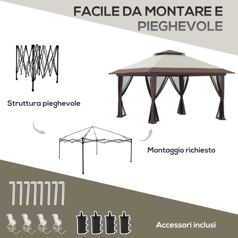 Outsunny Gazebo Pieghevole 4x4 m ad Altezza Regolabile con Zanzariera e Borsa, in Metallo e Tessuto Oxford Beige