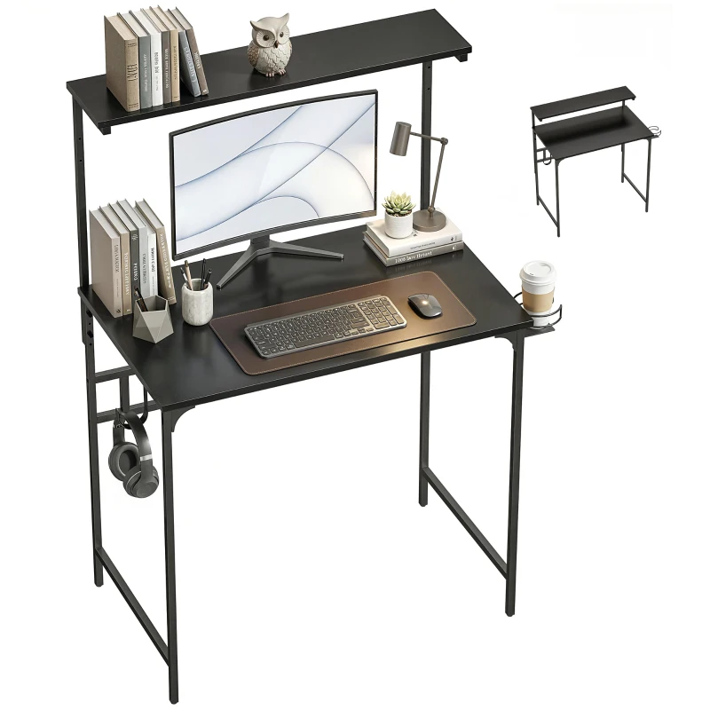 HOMCOM Computer Desk, 80cm Home Office Study Table with Hutch Shelf, Cup Holder, Headphone Hook, Black