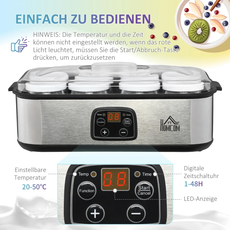 HOMCOM Joghurtbereiter Griechische Joghurtmaschine mit Deckel, 8 BPA-freier Glas-Innenbehälter à 180 ml, Joghurt Maker mit LCD Display Timer, für bis zu 1,4 Liter Joghurt 25 W Silber
