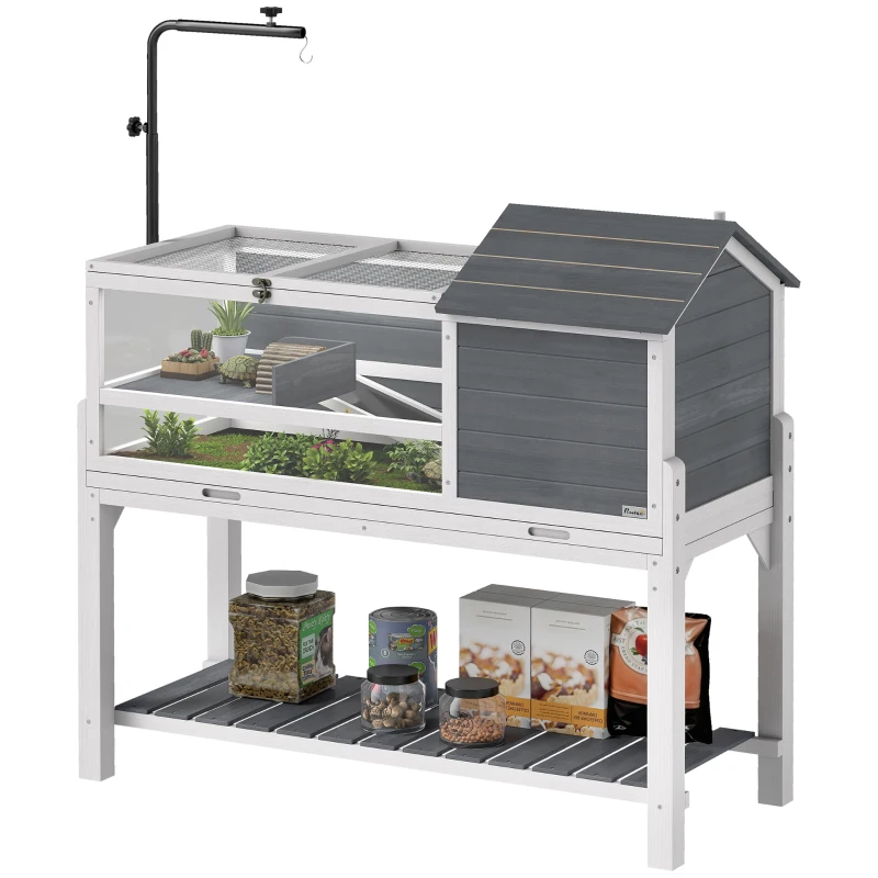 PawHut Casa para Tortugas de Madera con Soporte para Lámpara Ajustable Techos Abatibles Bandeja Extraíble y Estante Inferior
