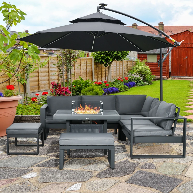 Outsunny 6-Piece Aluminium Garden Furniture Set with Fire Pit Table, Outdoor Dining Sofa Set with Cushions, Loveseats and Footstools, Sectional Corner Conservatory Furniture for Patio, Grey