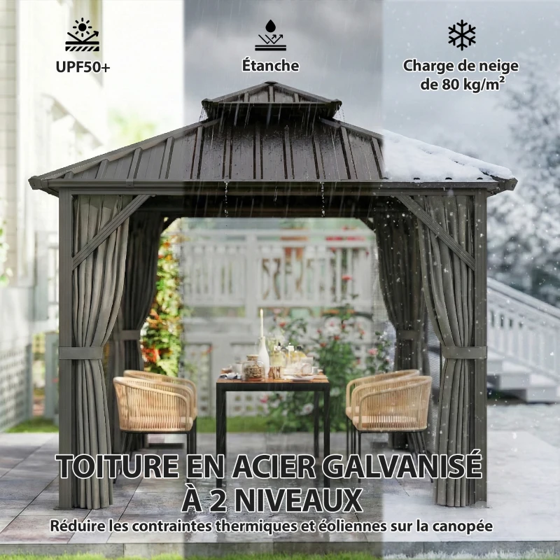 Outsunny Pavillon 3 x 3 m à toit rigide avec cadre en aluminium et toit double en acier galvanisé, gris foncé