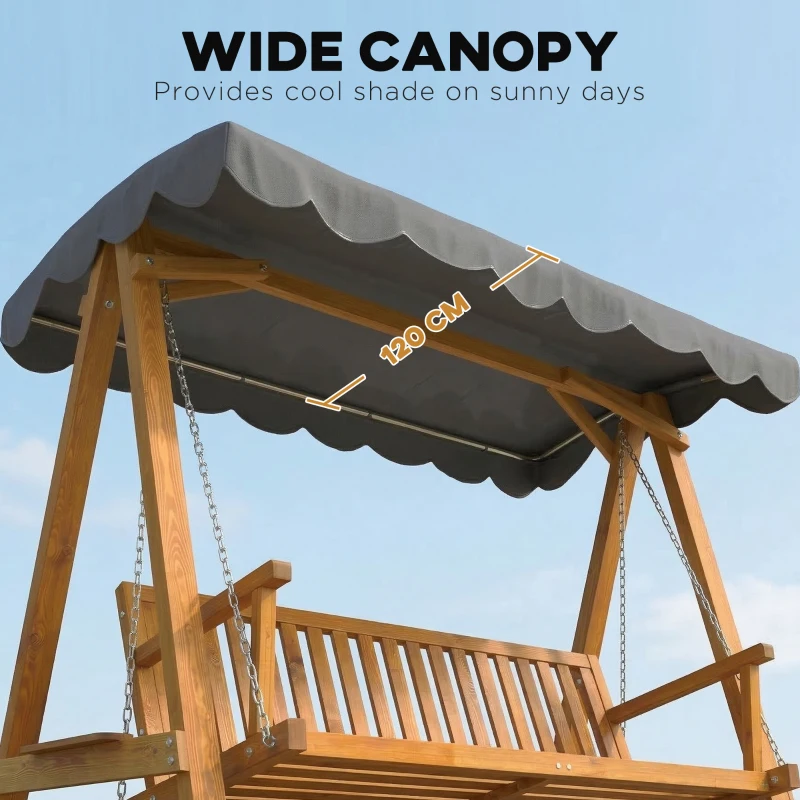 Outsunny 3 Seater Garden Swing Seat with Canopy, Wooden Swing Chair, Outdoor Hammock Bench for Balcony Patio Porch, Dark Grey